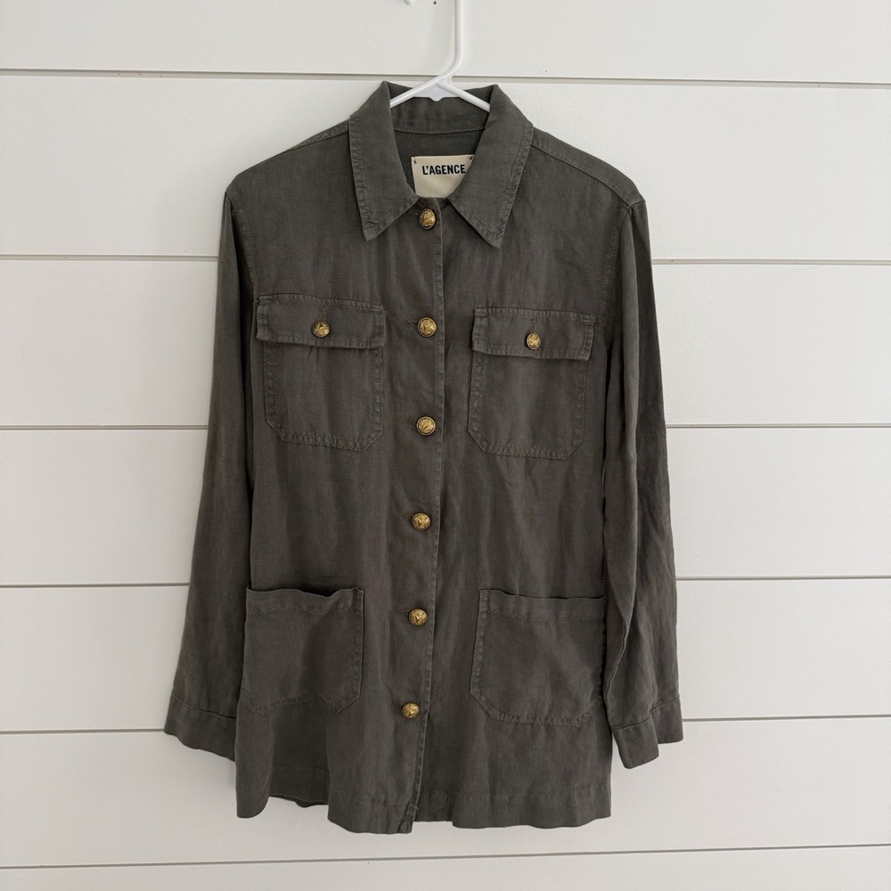L'agence Jamila Utility M Jacket Size Small Linen Green Belted Military Style